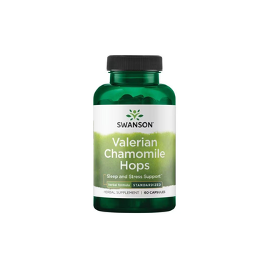 A green bottle of Swanson Valerian Chamomile Hops - Standardized, a relaxation and sleep support supplement, contains 60 capsules.